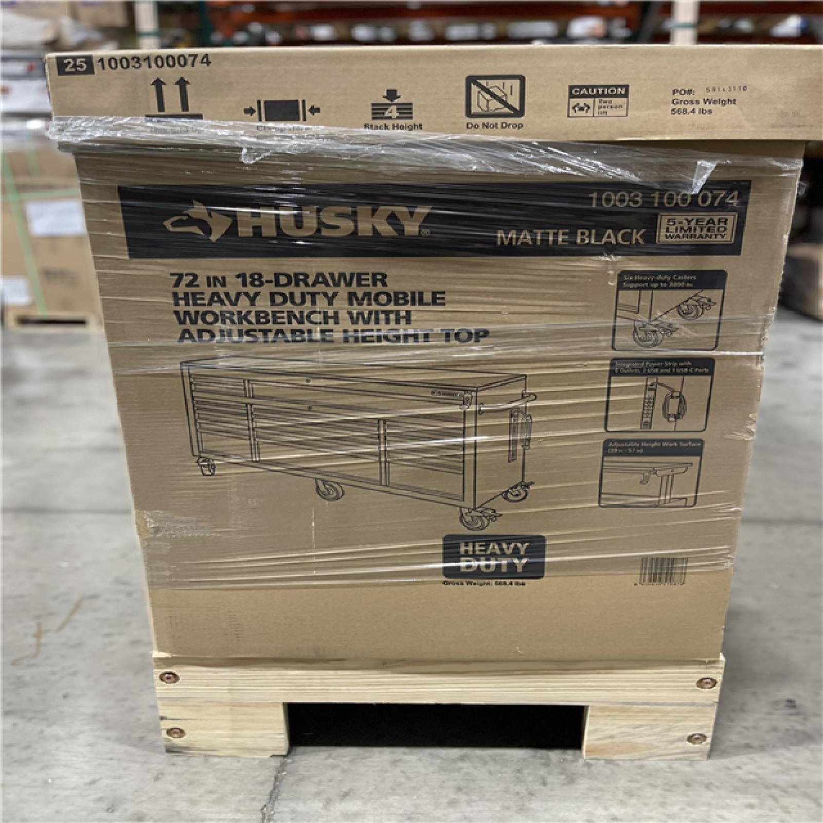 DALLAS LOCATION - Husky 72 in. W x 24 in. D Heavy Duty 18-Drawer Mobile Workbench Cabinet with Adjustable-Height Hardwood Top in Matte Black