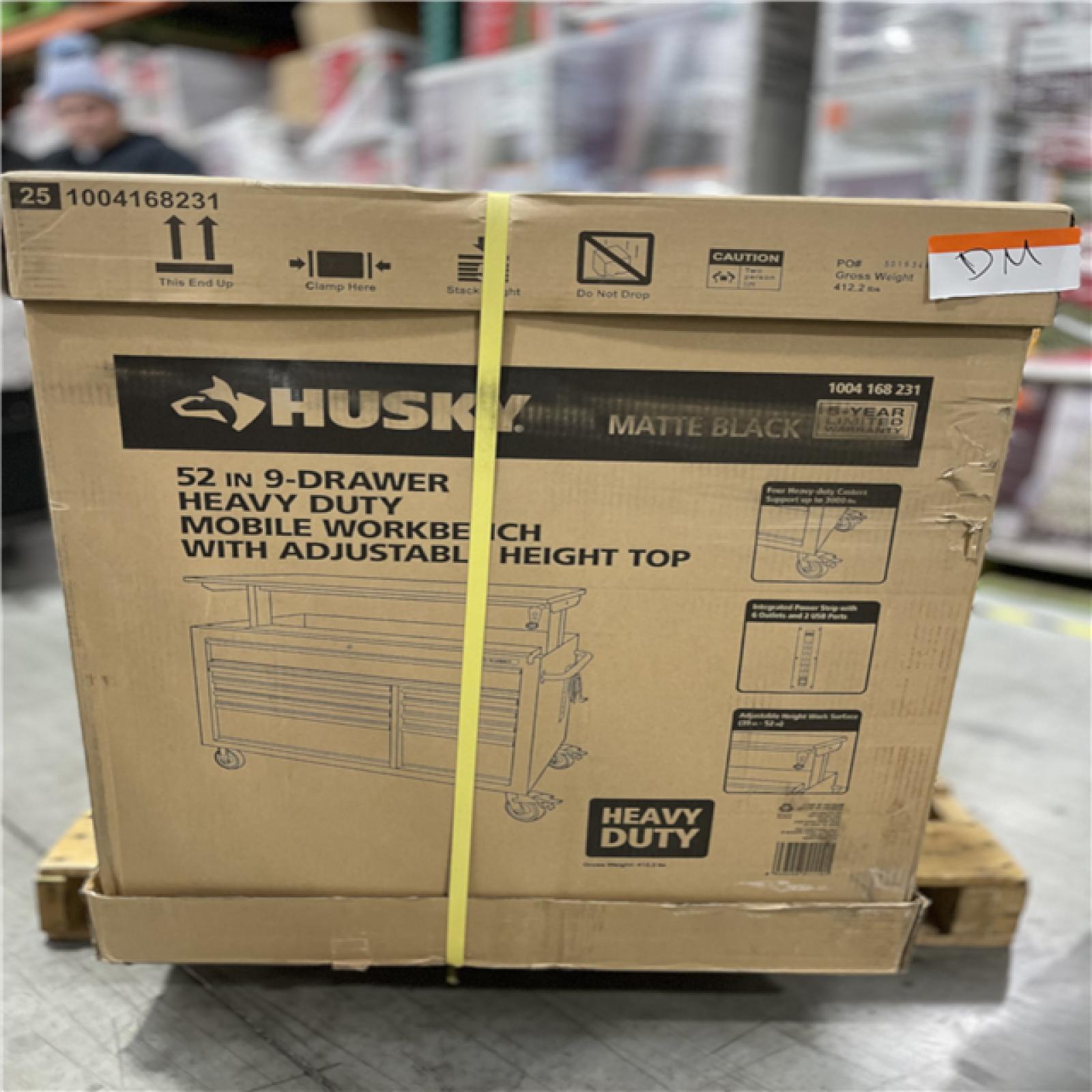 DALLAS LOCATION - Husky 52 in. W x 25 in. D Heavy Duty 9-Drawer Mobile Workbench Cabinet with Adjustable-Height Hardwood Top in Matte Black