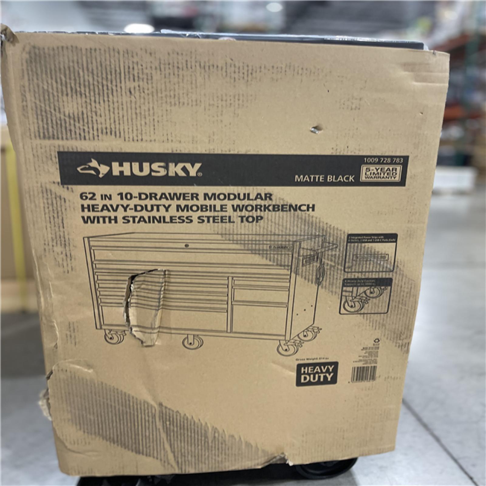 DALLAS LOCATION -Husky Modular Tool Storage 62 in. W X 24 in. D Heavy Duty Matte Black Mobile Workbench Cabinet with Stainless Steel Top