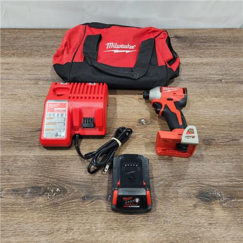AS-IS Milwaukee 3650-21P 18V Lithium-Ion Compact Brushless Cordless 1/4 in. Impact Driver Kit with 2.0 Ah Battery  Charger & Tool Bag