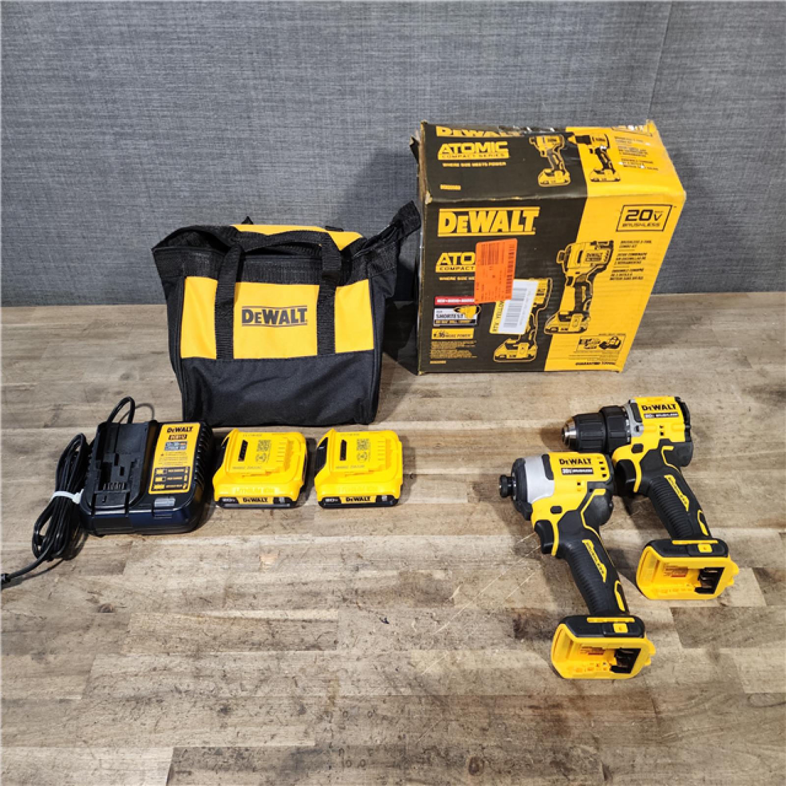 HOUSTON LOCATION - AS-IS Dewalt DCK225D2 20V MAX ATOMIC Brushless Compact Lithium-Ion 1/2 in. Cordless Drill Driver and 1/4 in. Impact Driver Combo Kit with 2 Batteries 2 Ah