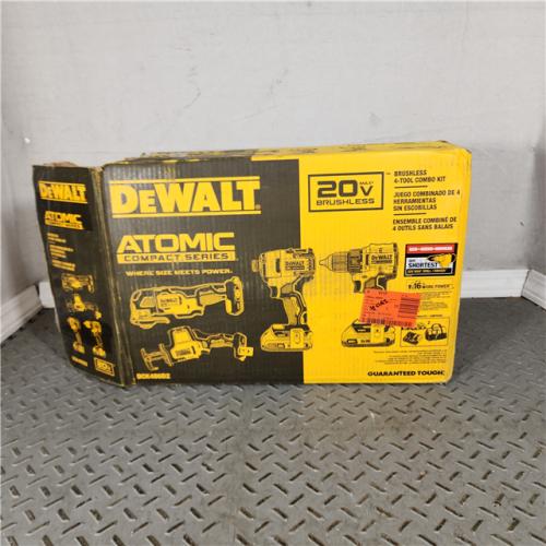 Houston Location - AS-IS DEWALT ATOMIC 20-Volt Lithium-Ion Cordless Brushless Combo Kit (4-Tool) with (2) 2.0Ah Batteries, Charger and Bag - Appears IN USED Condition