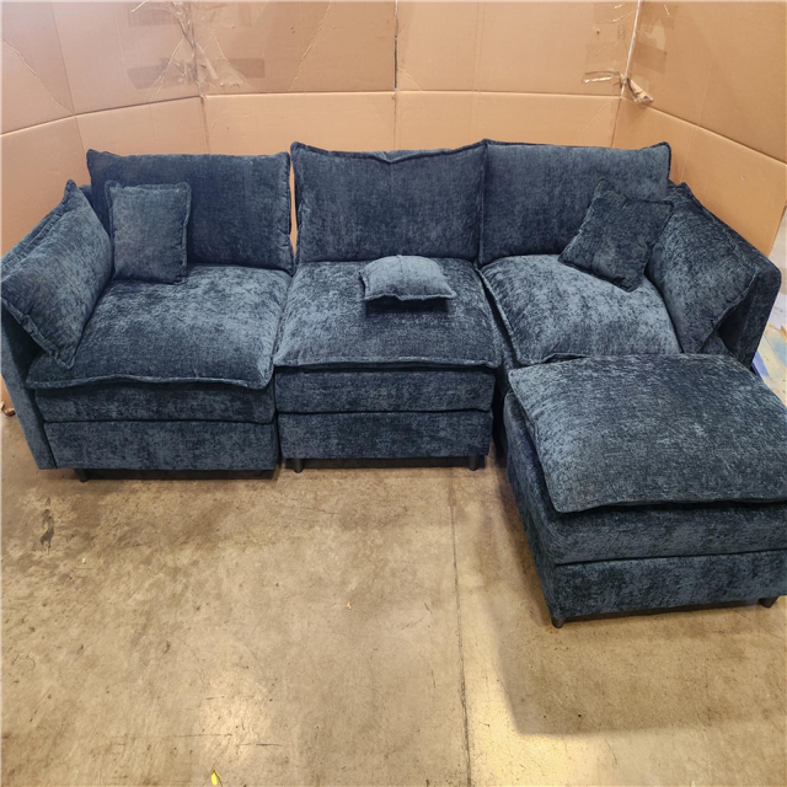 Phoenix AS-IS GOJANE 112.2 in. Square Arm L-Shaped Chenille Deluxe Pillow-Styled Modular Sectional Sofa in. Blue with 1 Ottoman
