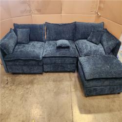 Phoenix AS-IS GOJANE 112.2 in. Square Arm L-Shaped Chenille Deluxe Pillow-Styled Modular Sectional Sofa in. Blue with 1 Ottoman