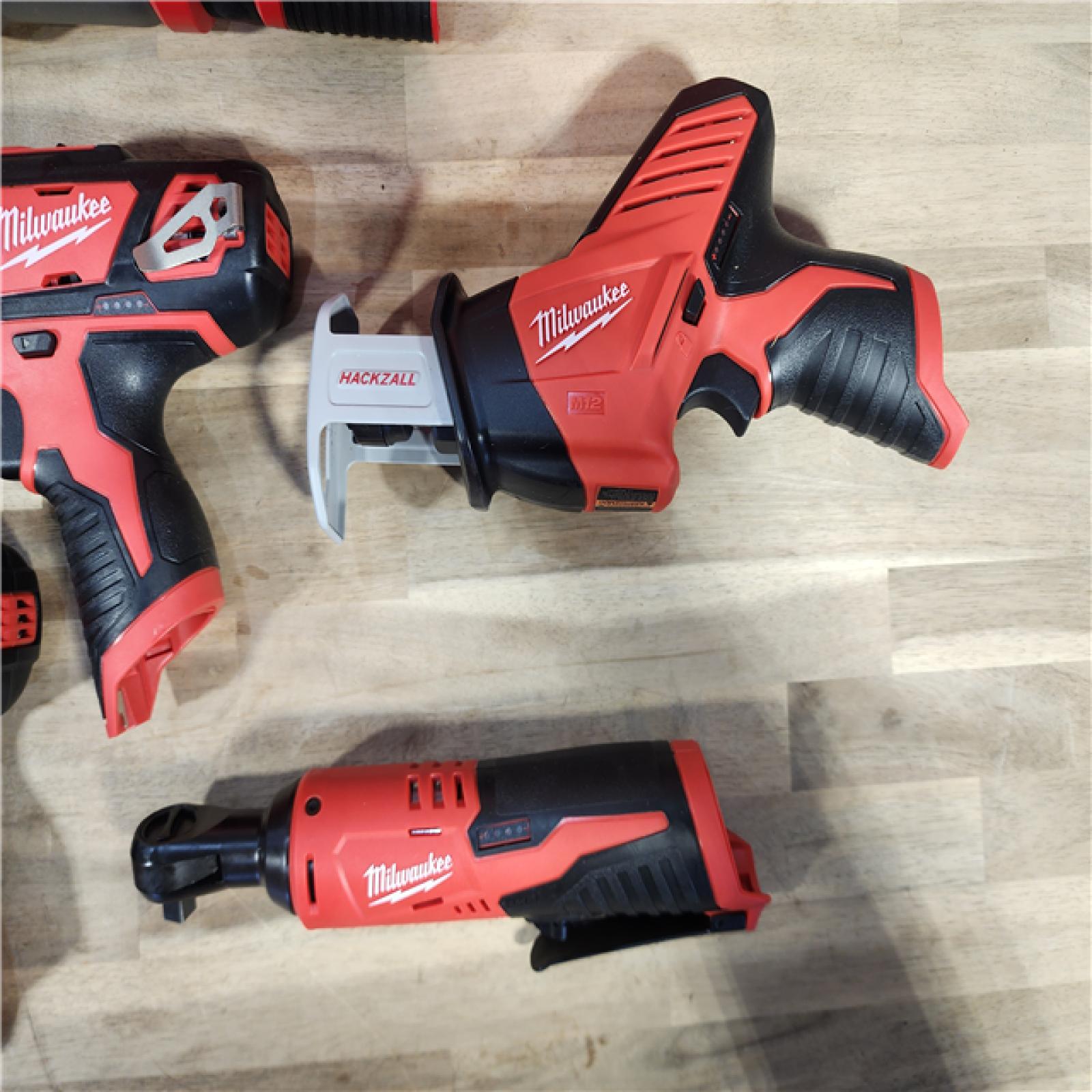 HOUSTON LOCATION - AS-IS (APPEARS LIKE NEW) MILWAUKEE M12 12V Lithium-Ion Cordless Combo Kit (5-Tool) with Two 1.5Ah Batteries, Charger & Tool Bag