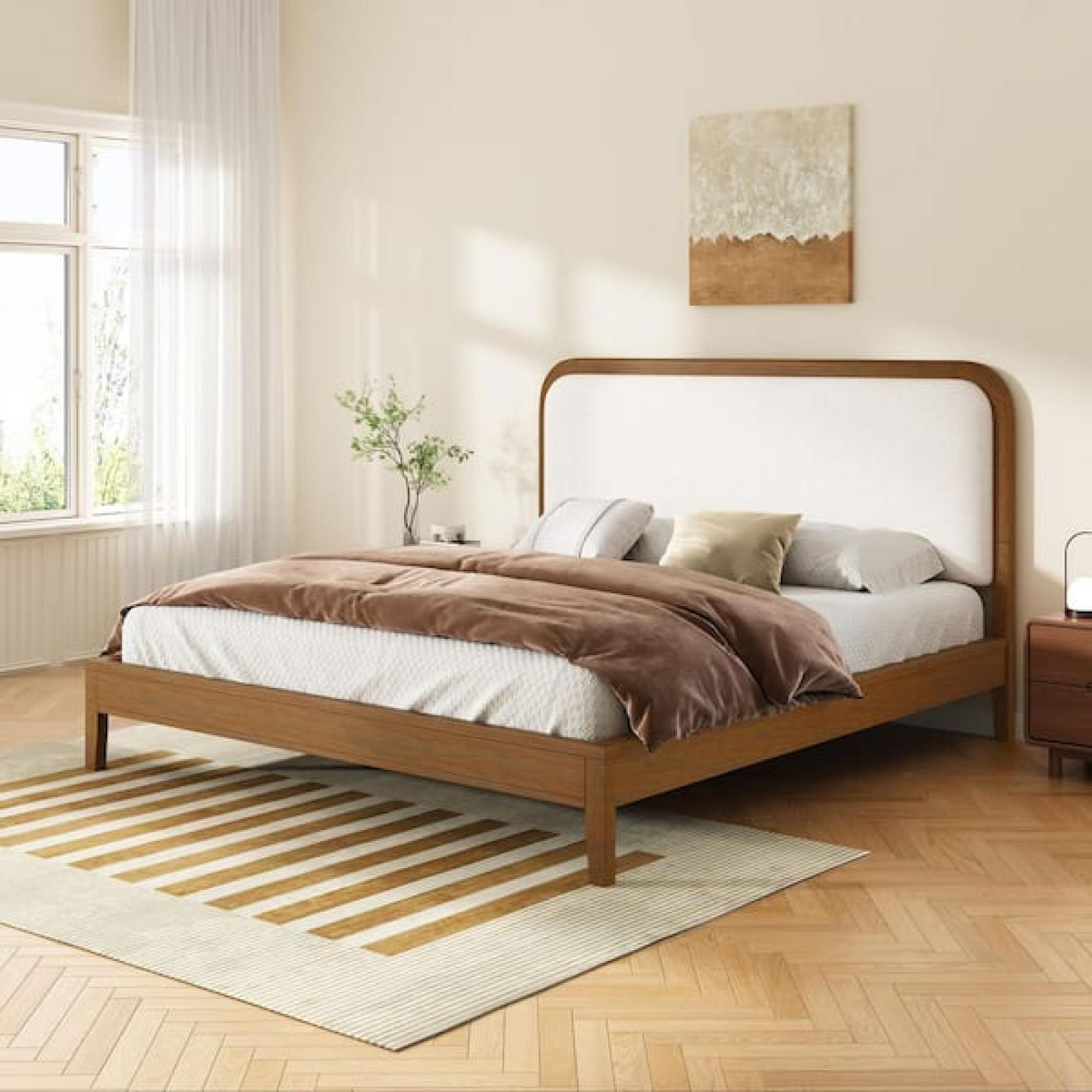Phoenix NEW CHRISTOPHER KNIGHT HOME Pepita Beige Wood Frame Queen Size Platform Bed with Upholstered Headboard