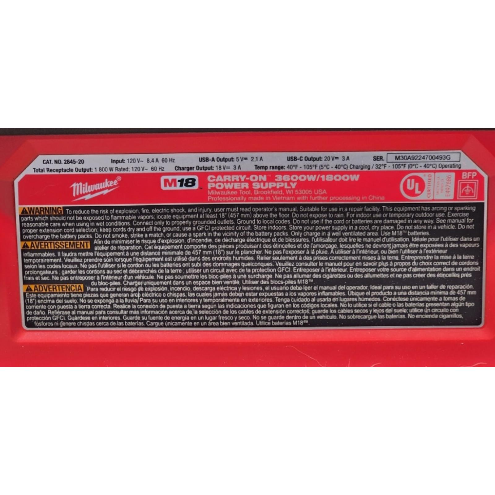 HOUSTON LOCATION - AS-IS Milwaukee M18 Cordless 3600-Watt/1800-Watt Battery Powered Power Supply (Tool Only)