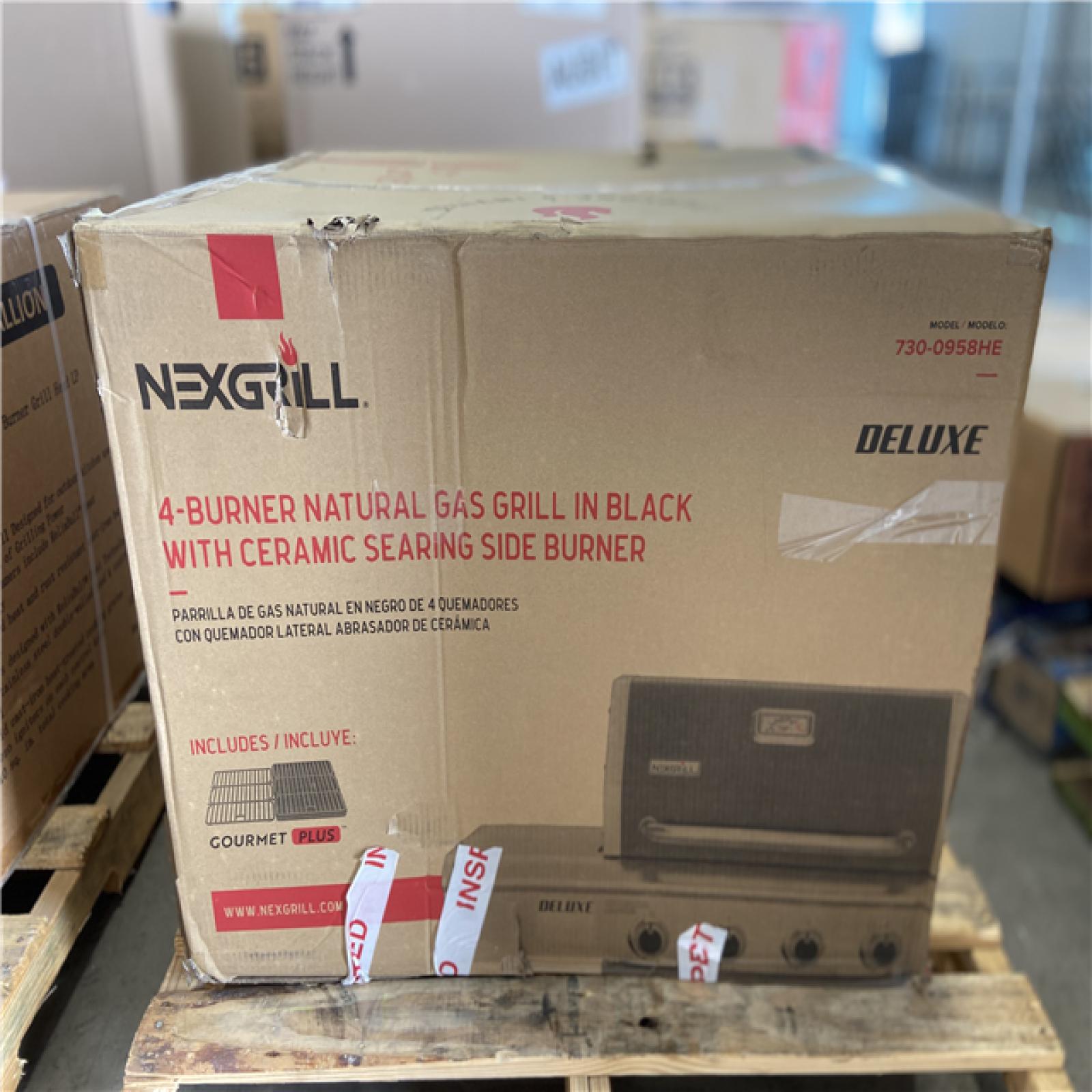 DALLAS LOCATION - Nexgrill Deluxe 4-Burner Natural Gas Grill in Black with Ceramic Searing Side Burner and Gourmet Plus Cooking System