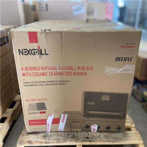 DALLAS LOCATION - Nexgrill Deluxe 4-Burner Natural Gas Grill in Black with Ceramic Searing Side Burner and Gourmet Plus Cooking System