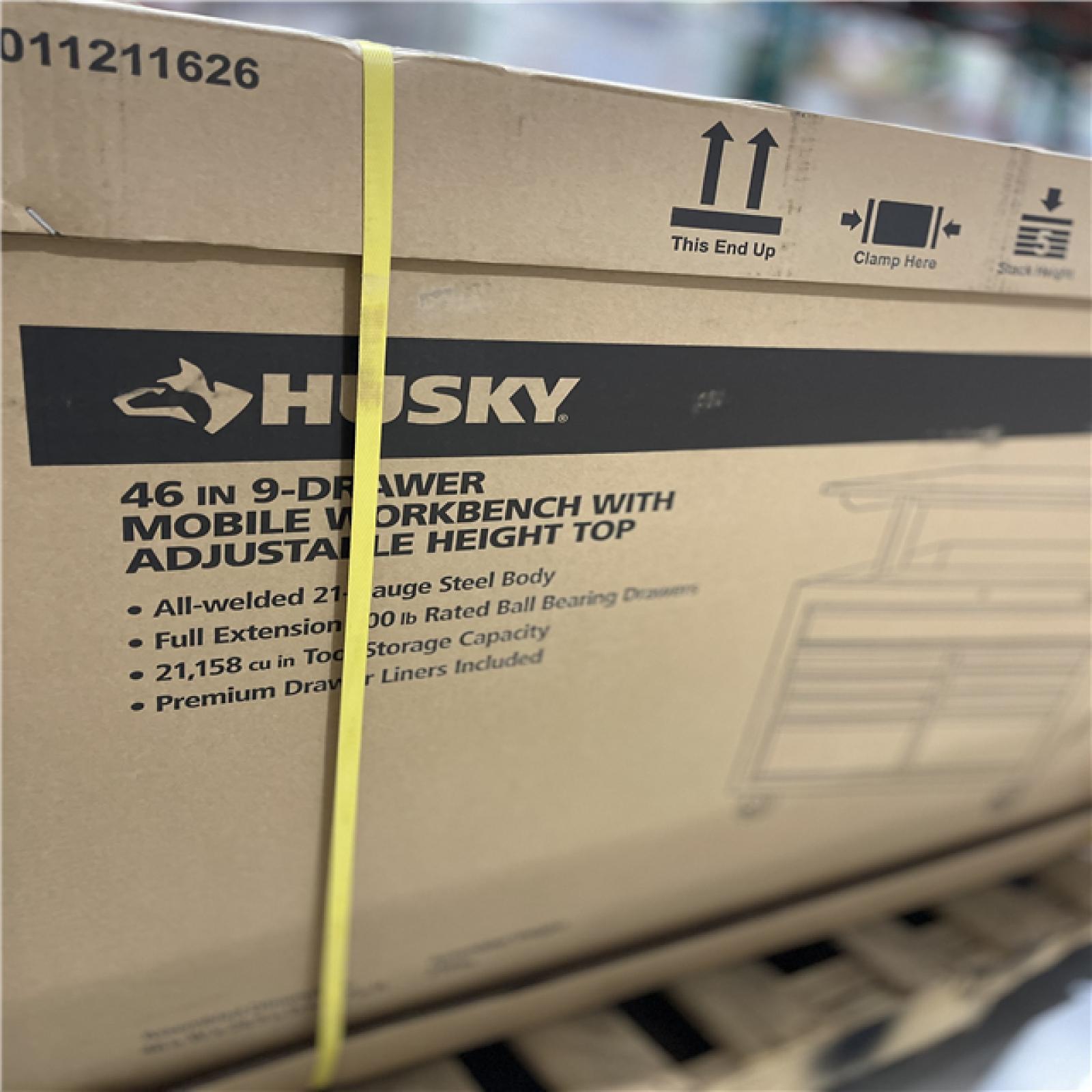 DALLAS LOCATION - Husky 46 in. x 25 in. D 9-Drawer Mobile Workbench with Adjustable Height Wood Top in Gloss Black