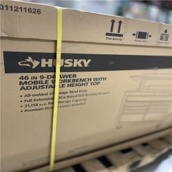DALLAS LOCATION - Husky 46 in. x 25 in. D 9-Drawer Mobile Workbench with Adjustable Height Wood Top in Gloss Black