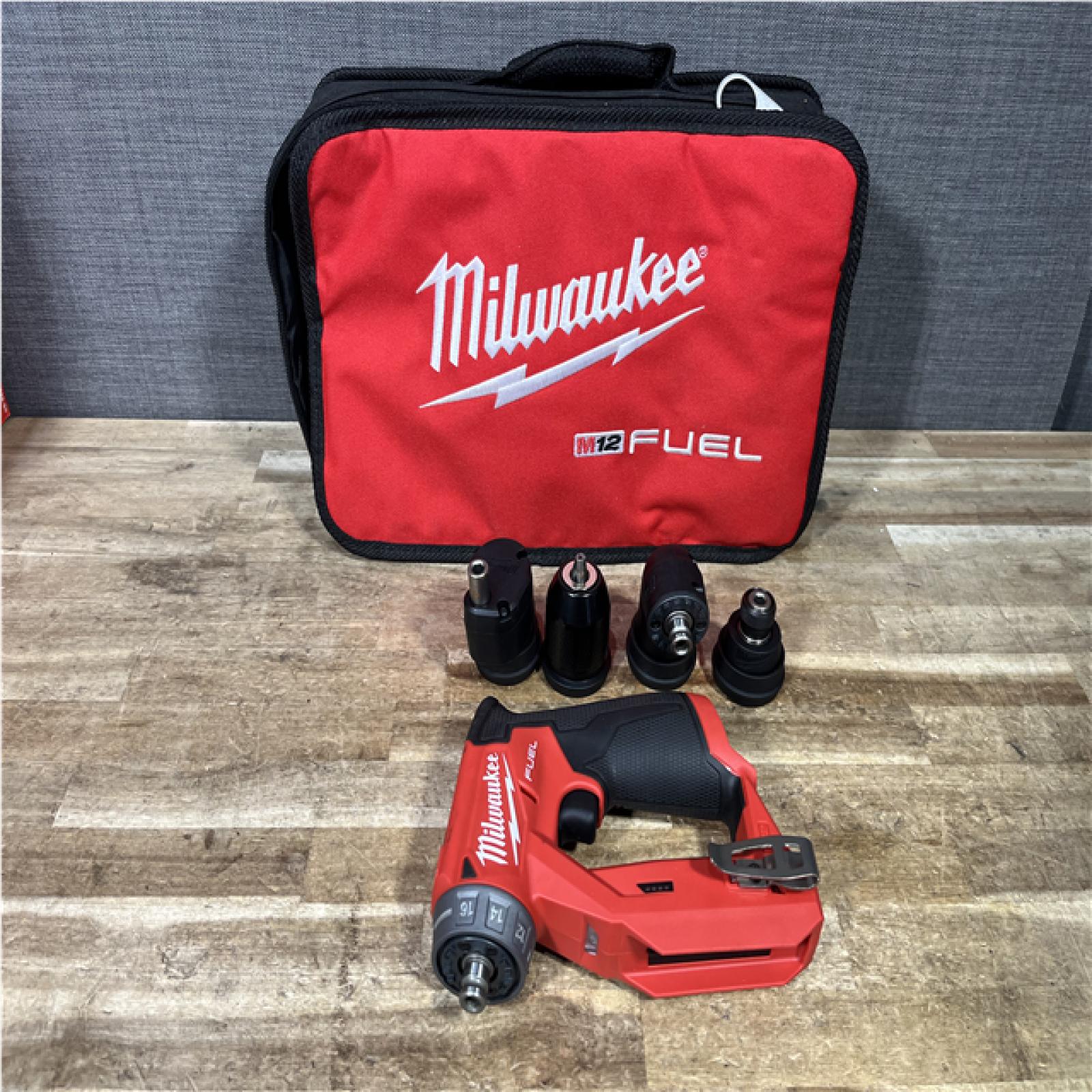 Houston Location AS-IS Milwaukee FUEL 12V Lithium-Ion Brushless Cordless 4-in-1 Installation 3/8 in. Drill Driver with 4 Tool Head (Tool-Only)