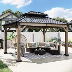 Phoenix AS-IS Sizzim 10 ft. x 12 ft. Outdoor Cedar Wood Frame Double Galvanized Steel Roof Gazebo with Ceiling Hook