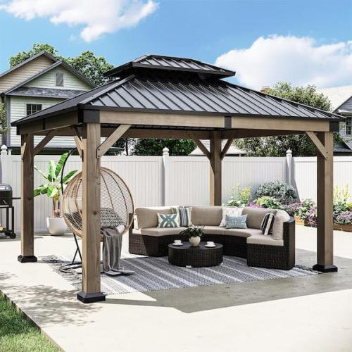 Phoenix AS-IS Sizzim 10 ft. x 12 ft. Outdoor Cedar Wood Frame Double Galvanized Steel Roof Gazebo with Ceiling Hook