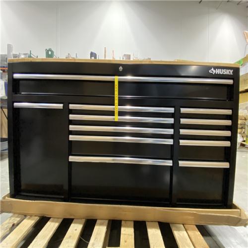 DALLAS LOCATION - Husky 62 in. W x 20 in. D 12-Drawer Gloss Black Mobile Workbench Cabinet with Solid Wood Top and Power Drawer