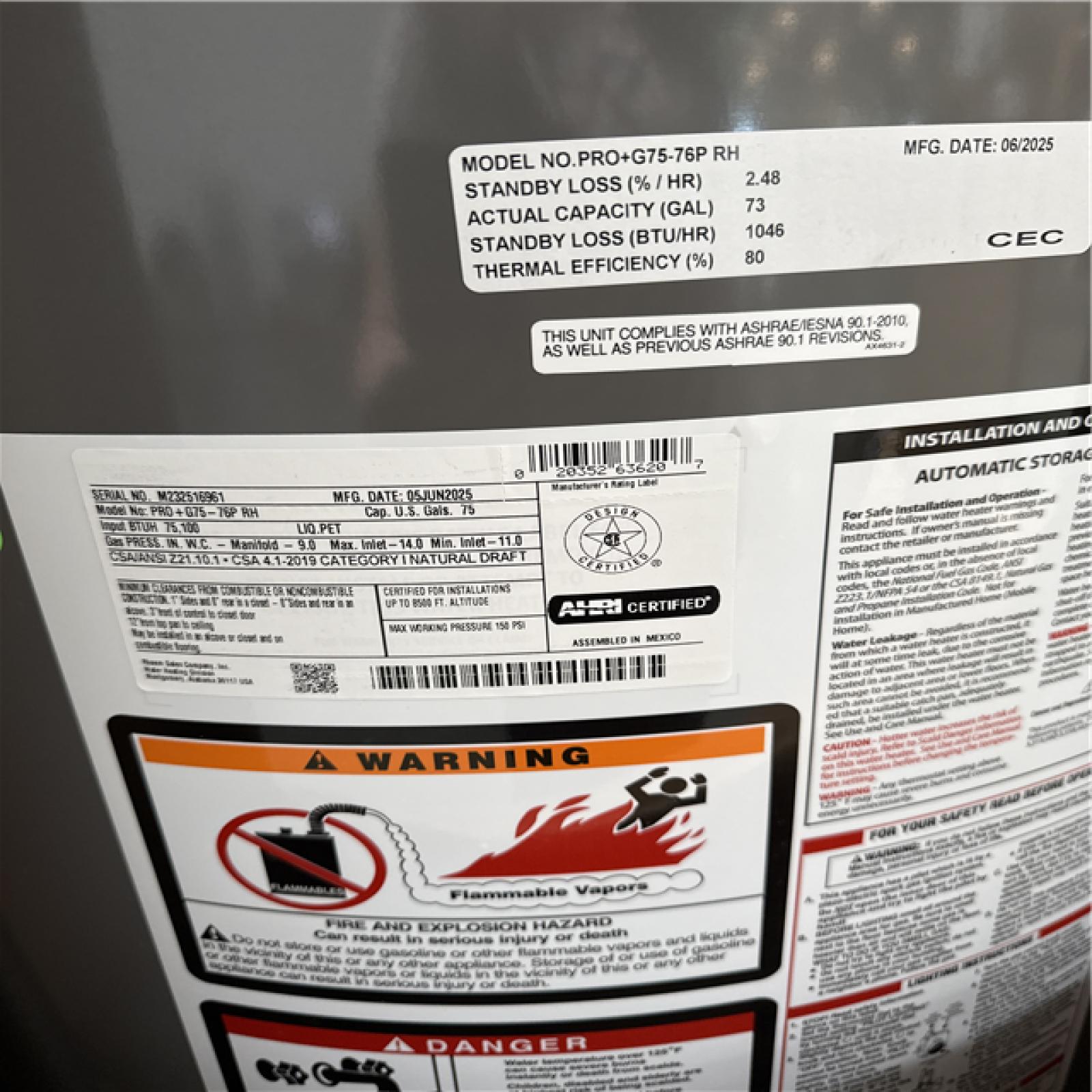 California NEW Rheem 75 Gallons Propane Gas Water Heater & AO Smith ProLine Commercial Grade 40-Gallon Natural Gas Water Heater