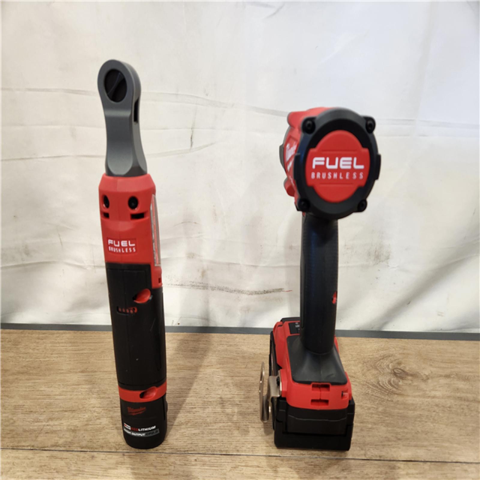 AS-IS- Milwaukee FUEL 18V Cordless Mid Torque 1/2 in. Impact Wrench w/ M12 FUEL 3/8 in. Ratchet & Battery/Charger Combo Kit