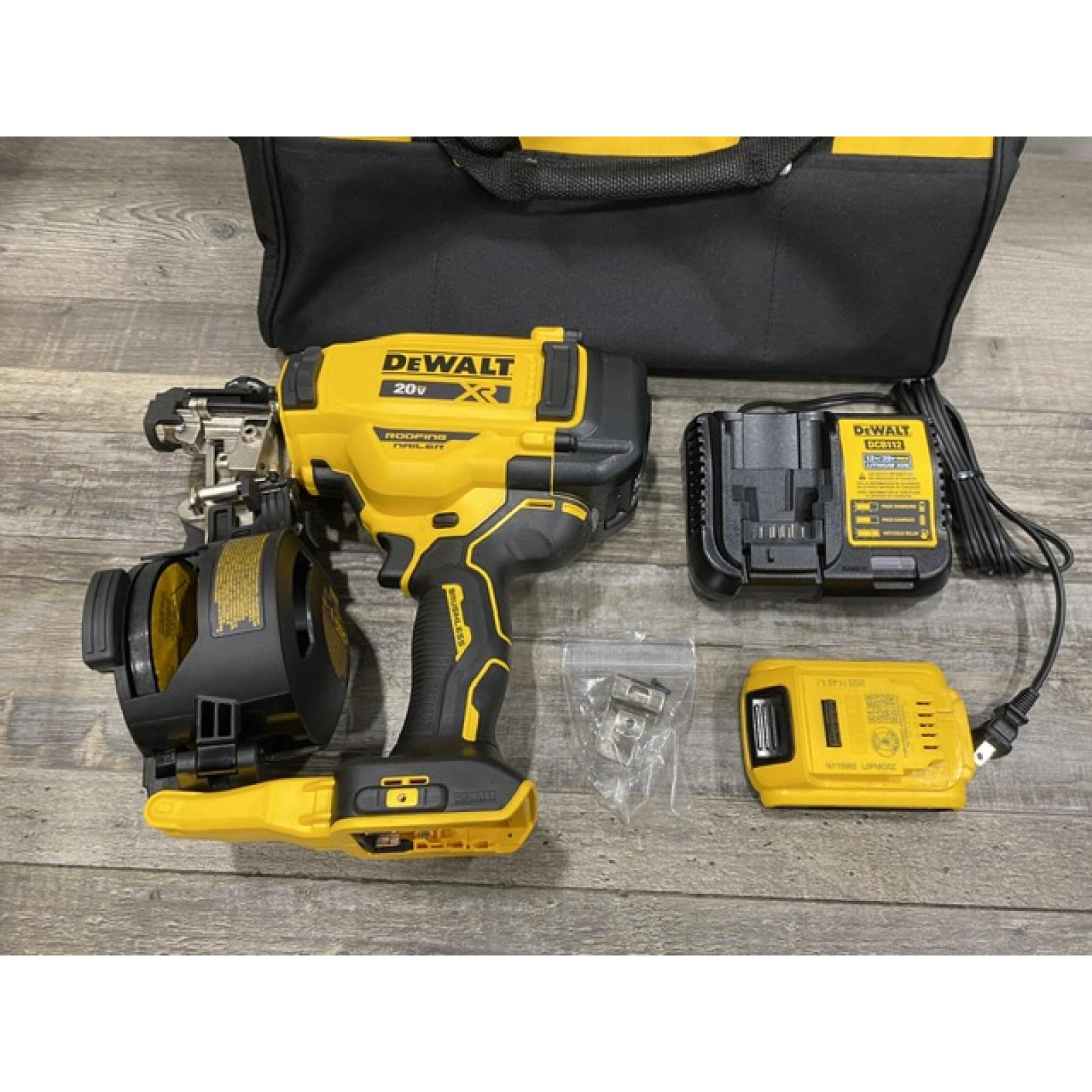 AS-IS DEWALT 20V MAX Lithium-Ion 15-Degree Electric Cordless Roofing Nailer Kit