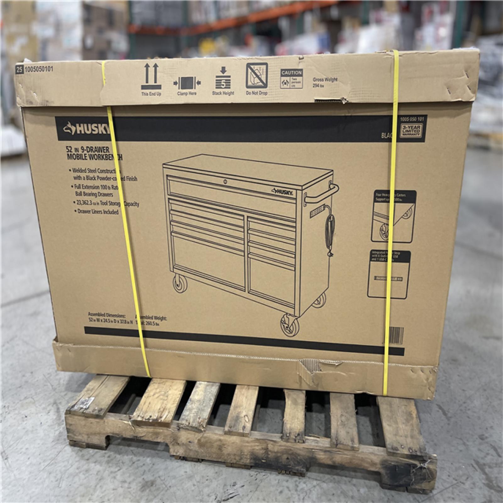 DALLAS LOCATION - Husky 52 in. W x 25 in. D Standard Duty 9-Drawer Mobile Workbench Tool Chest with Solid Wood Top in Gloss Black