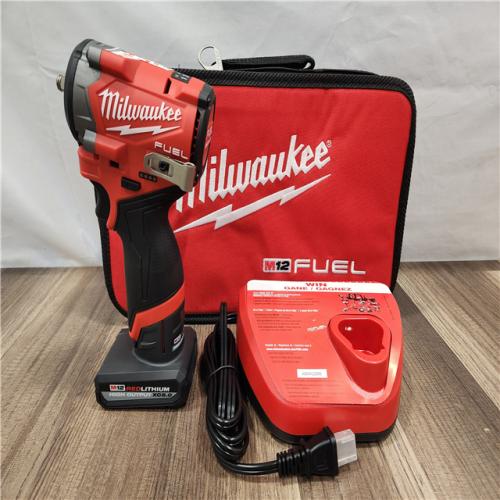 AS-IS- Milwaukee M12 FUEL 12V Li-Ion Brushless Cordless Stubby 3/8 in. Impact Wrench Kit W/(1) 5.0 Ah High Output Battery