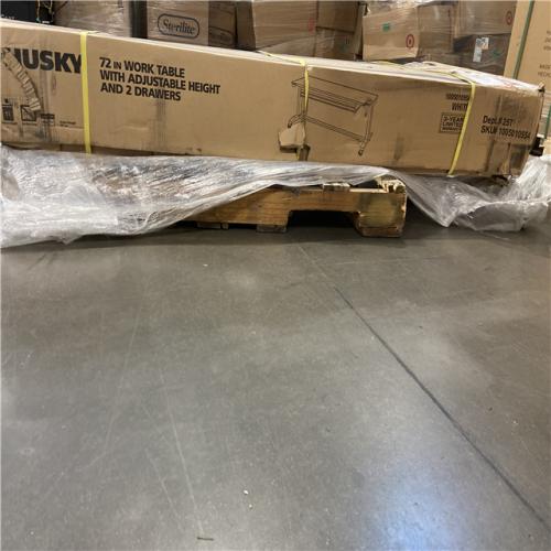 DALLAS LOCATION - Husky 72 in. W x 24 in. D 2-Drawer Adjustable Height White Worktable with Solid Wood Top