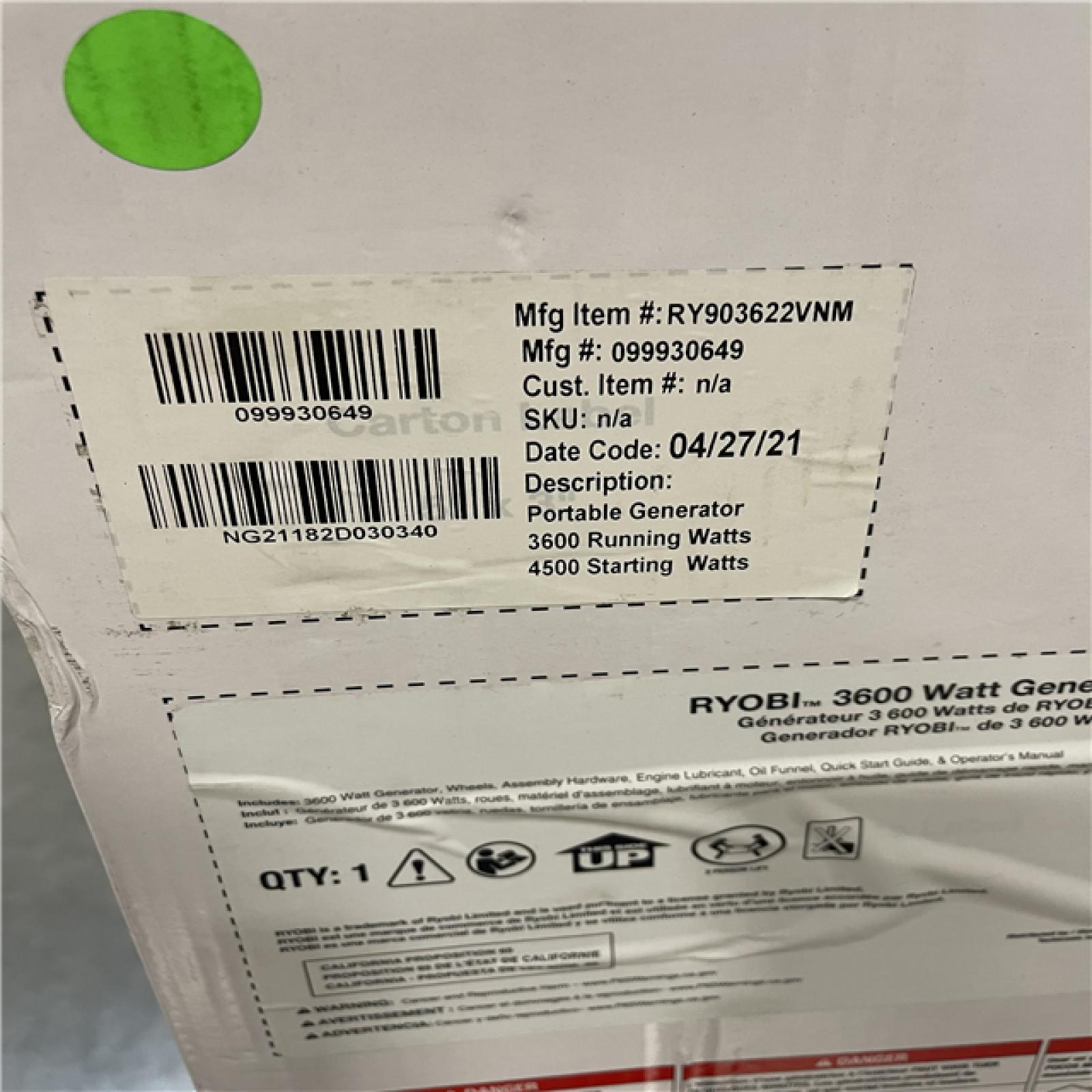 DALLAS LOCATION- NEW!- RYOBI 3 600-Watt Gasoline Powered Recoil Start Portable Generator