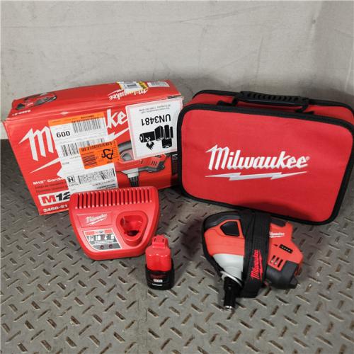 Houston Location - As-Is Milwaukee M12 12-Volt Lithium-Ion Cordless Palm Nailer Kit with One 1.5Ah Battery, Charger and Tool Bag - Appears IN GOOD Condition