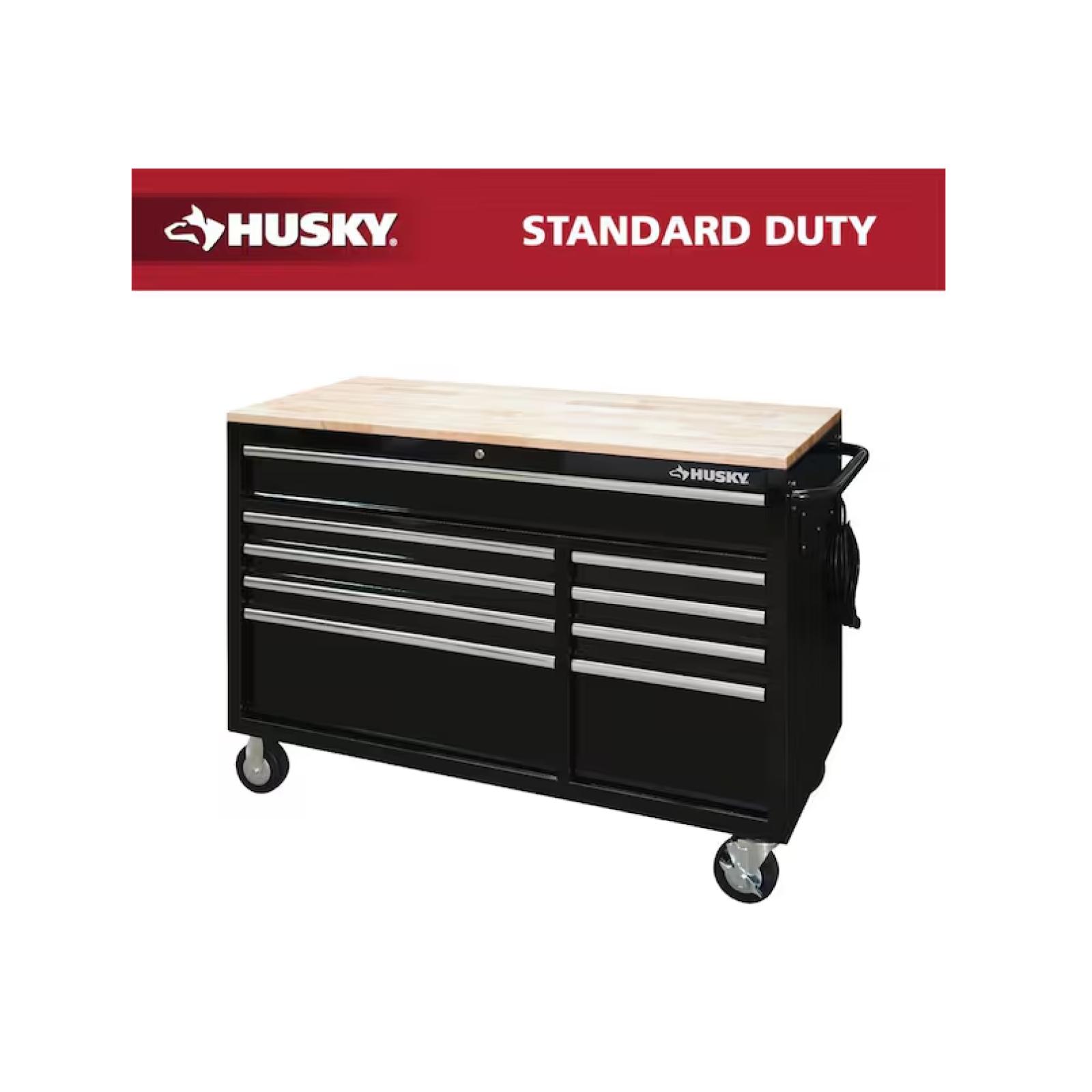 DALLAS LOCATION - Husky 52 in. W x 25 in. D Standard Duty 9-Drawer Mobile Workbench Tool Chest with Solid Wood Top in Gloss Black