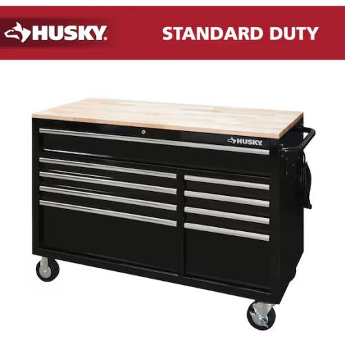 DALLAS LOCATION - Husky 52 in. W x 25 in. D Standard Duty 9-Drawer Mobile Workbench Tool Chest with Solid Wood Top in Gloss Black