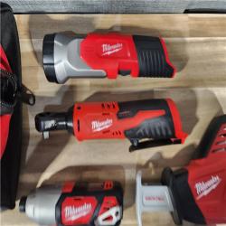 HOUSTON LOCATION - AS-IS MILWAUKEE M12 12V Lithium-Ion Cordless Combo Kit (5-Tool) with Two 1.5Ah Batteries, Charger & Tool Bag