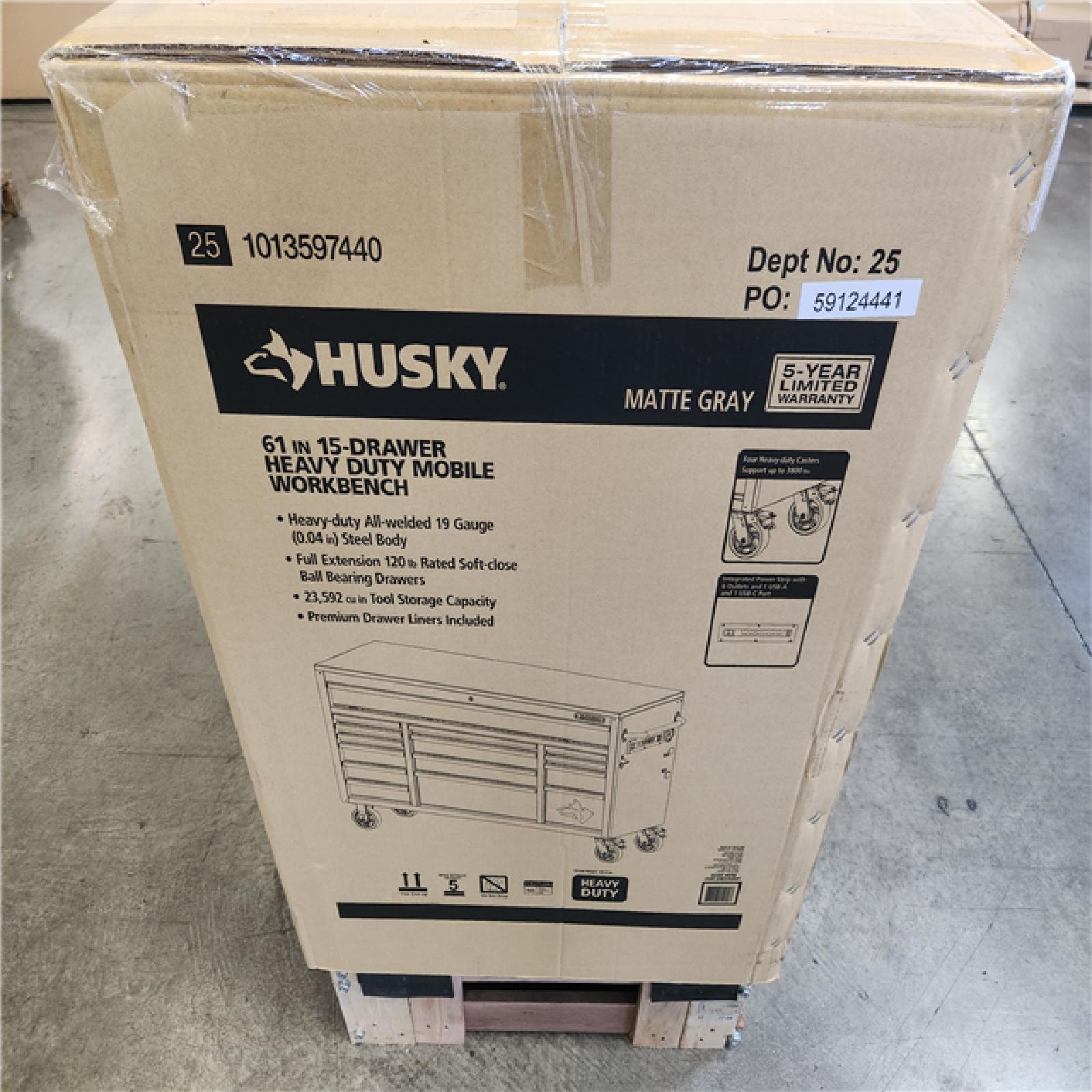 Phoenix NEW Husky Heavy Duty 61 in. W x 23 in. D 15-Drawer Matte Gray Mobile Workbench Cabinet with Solid Wood Top