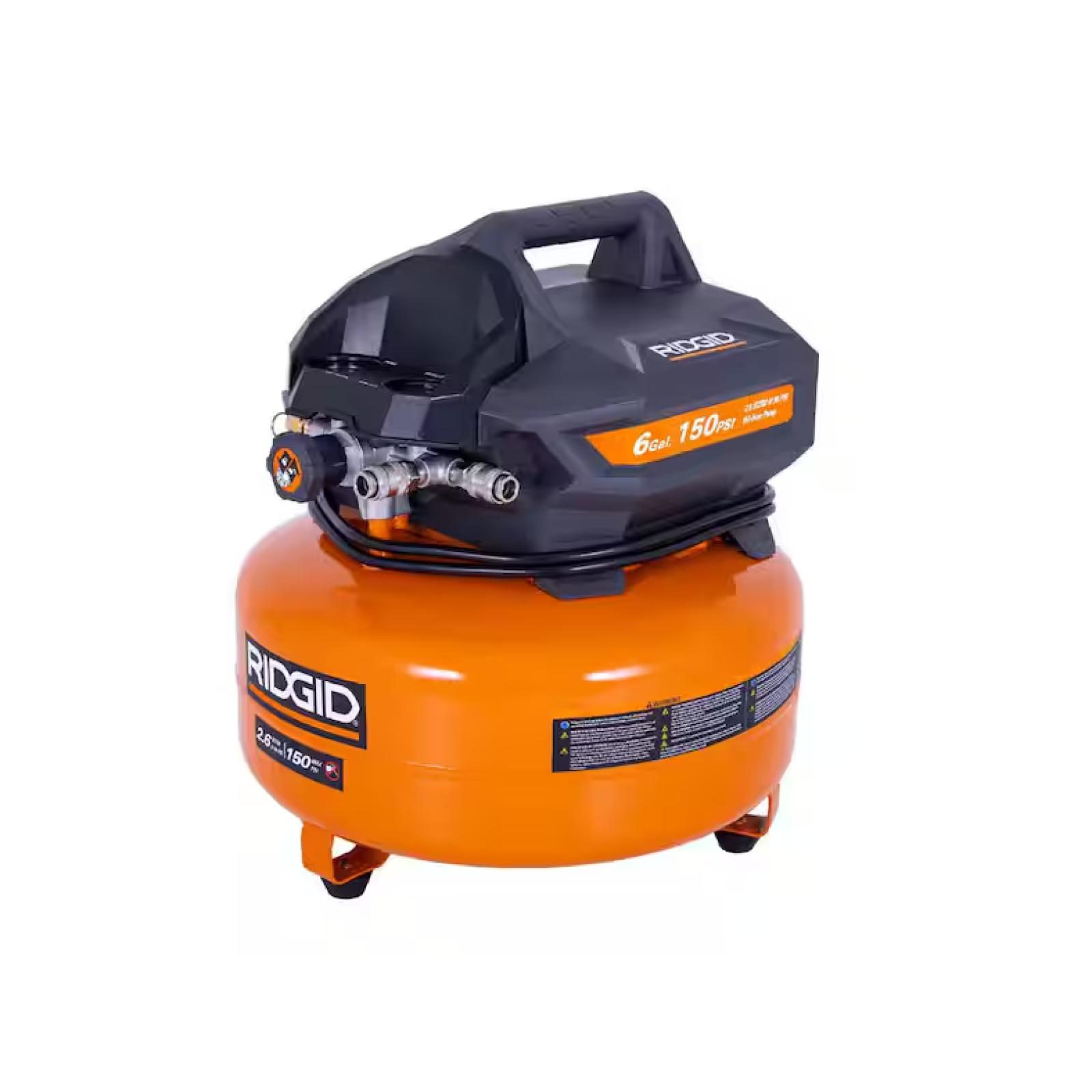 DALLAS LOCATION- NEW! RIDGID 6 Gal. 150 PSI Portable Electric Oil-Free Jobsite Pancake Air Compressor with Dual Pressure Gauges and 2-Quick Couplers PALLET -(12 UNITS)