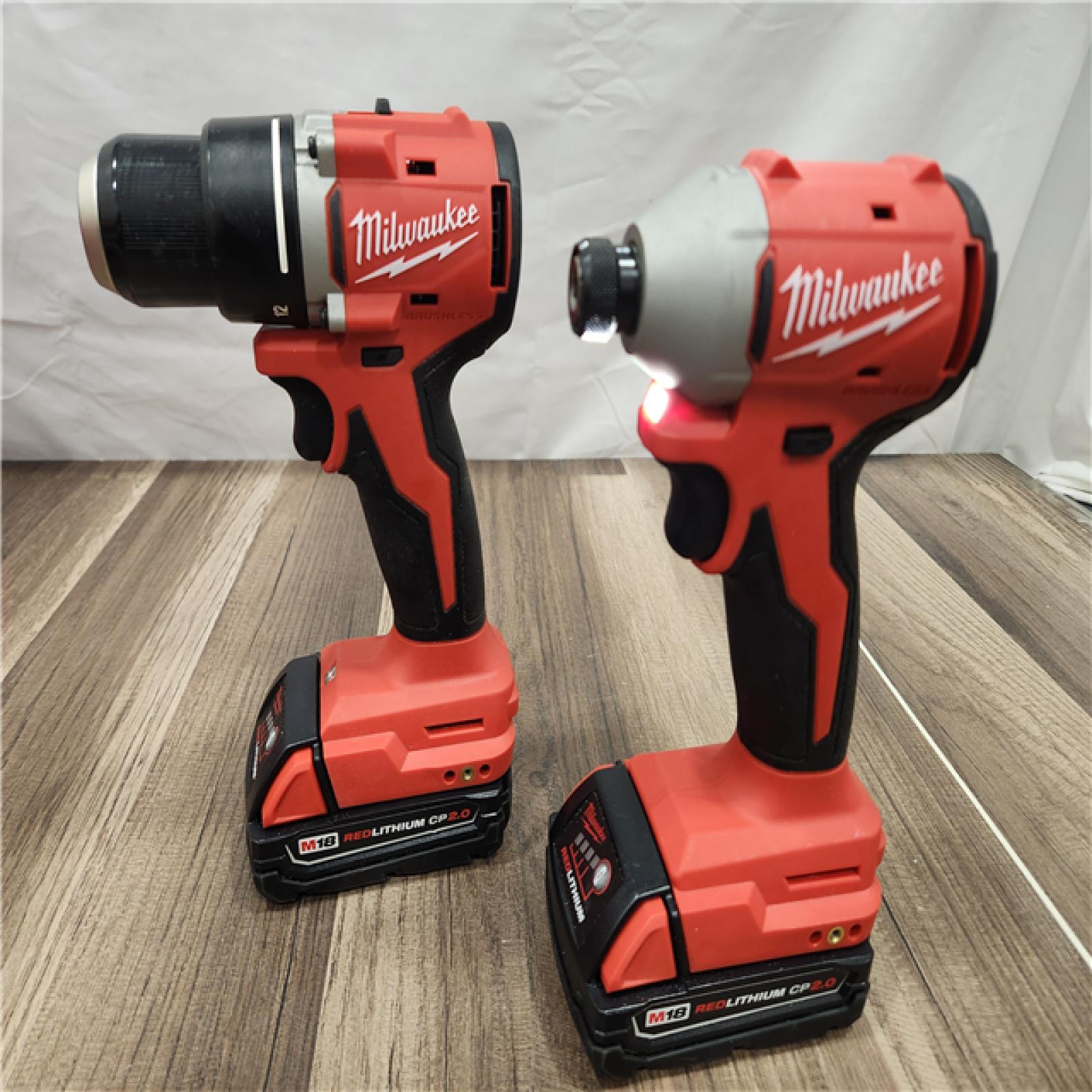 AS-IS Milwaukee M18 18V Lithium-Ion Brushless Cordless Compact Drill/Impact Combo Kit (2-Tool) W/(2) 2.0 Ah Batteries, Charger & Bag