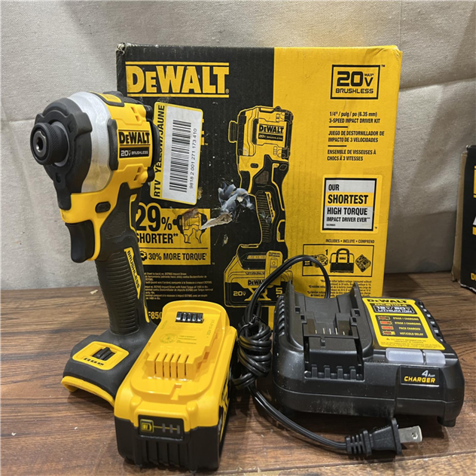AS-IS DEWALT ATOMIC 20V MAX Lithium-Ion Cordless 1/4 in. Brushless Impact Driver Kit, 5 Ah Battery, Charger, and Bag