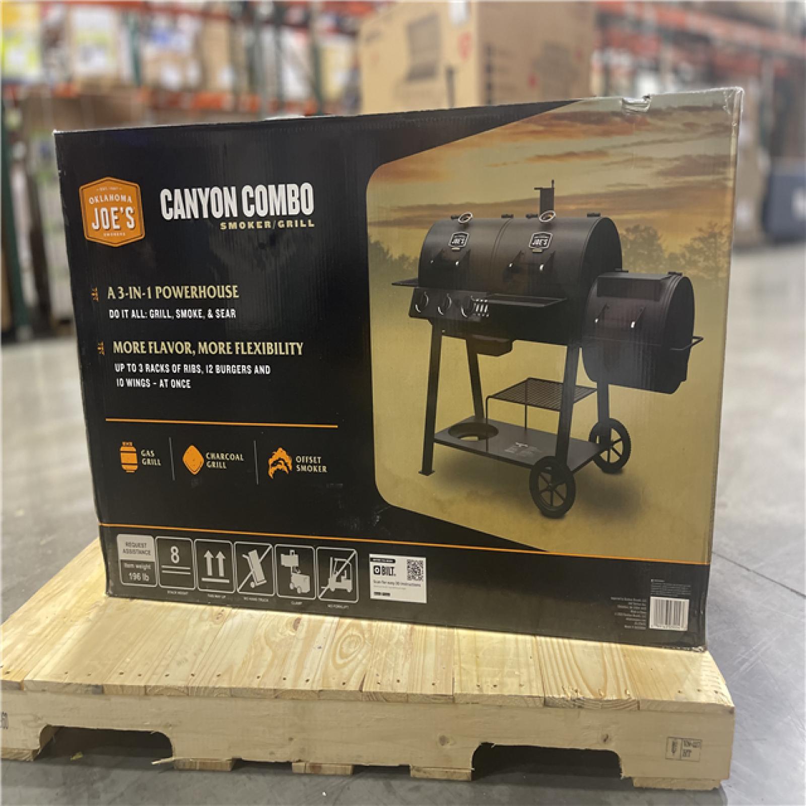 DALLAS LOCATION- NEW! OKLAHOMA JOE'S Canyon Combo Dual Fuel 3-Burner Propane Gas and Charcoal Smoker and Grill