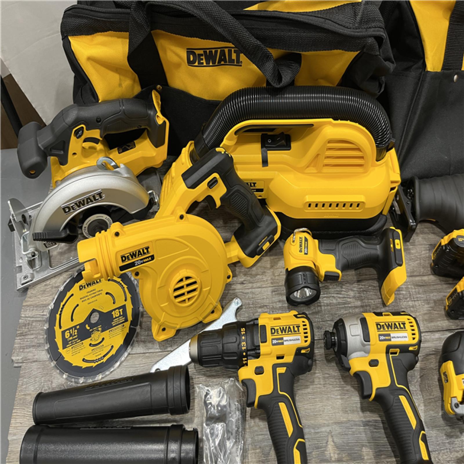 AS-IS DEWALT 20-Volt Max Lithium-Ion 10-Tool Cordless Combo Kit with Two 2.0 Ah Batteries  Charger and 2 Bags