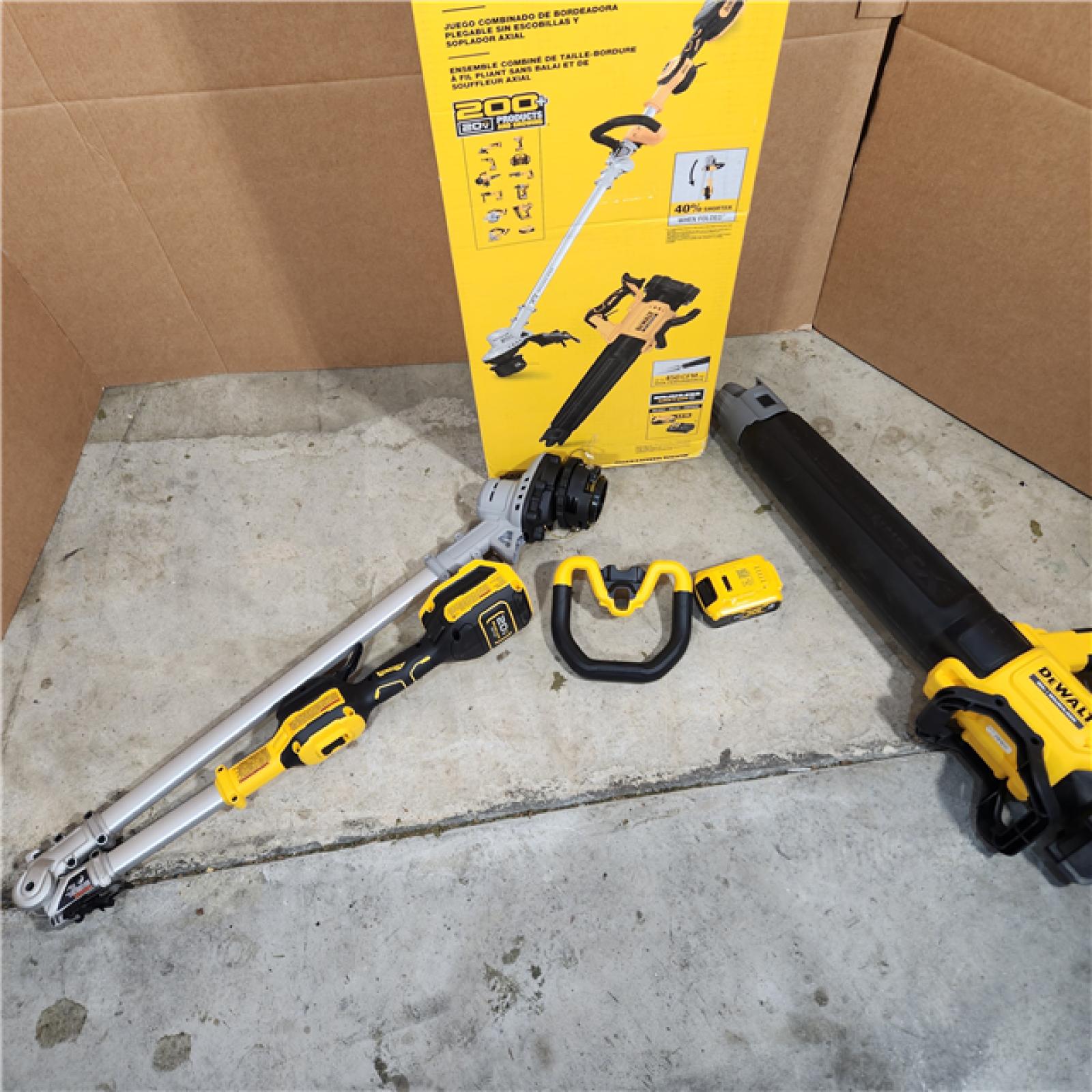 Houston location- AS-IS DEWALT 20V MAX Cordless Battery Powered String Trimmer & Leaf Blower Combo Kit with (1) 4.0 Ah Battery and Charger