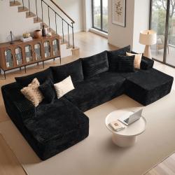 Phoenix LIKE NEW Allwex Varo 134 in. Wide Arm 3-Piece Modern Plush Corduroy U-Shape Modular Sectional Sofa in Black with Chaise