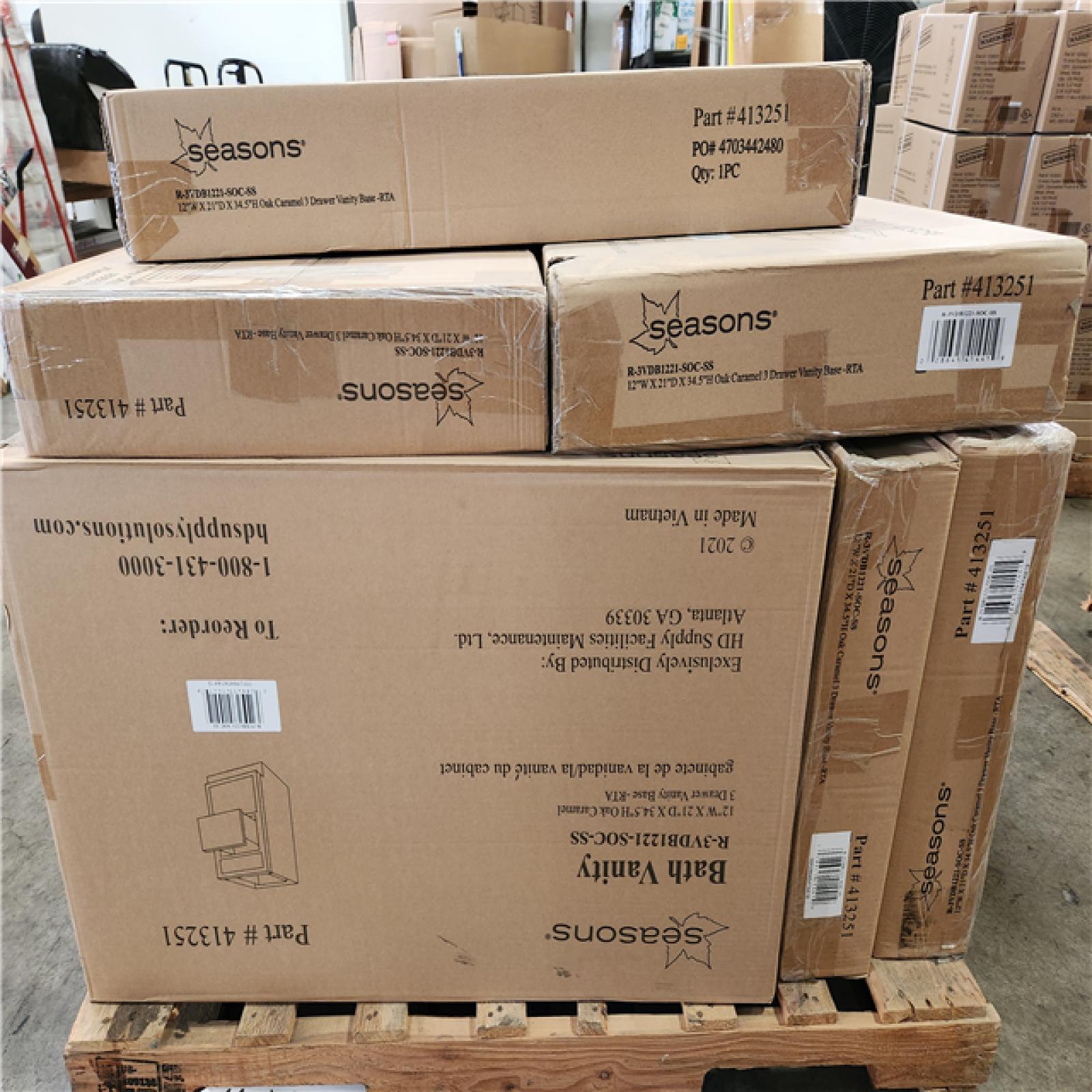 Phoenix Location NEW Bath Vanity 12Wx21Dx34.5H Oak Caramel 3 Drawer Vanity Base Pallet (12 Boxes)