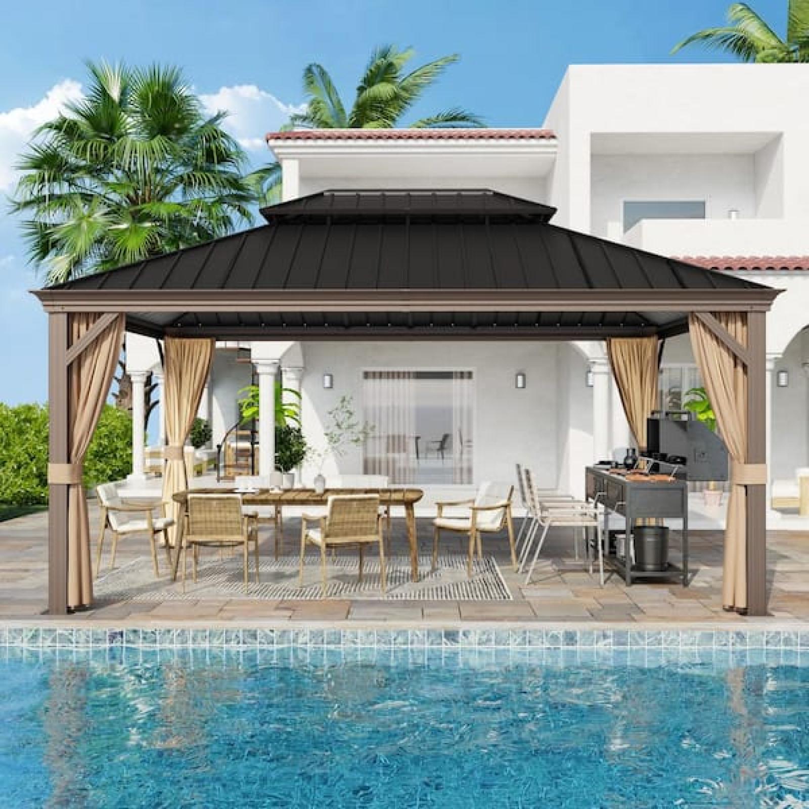 Phoenix NEW Esunny 12 ft. x 16 ft. Outdoor Patio Aluminum Frame Gazebo with Double Hardtop Steel Roof, Mosquito Net and Curtains