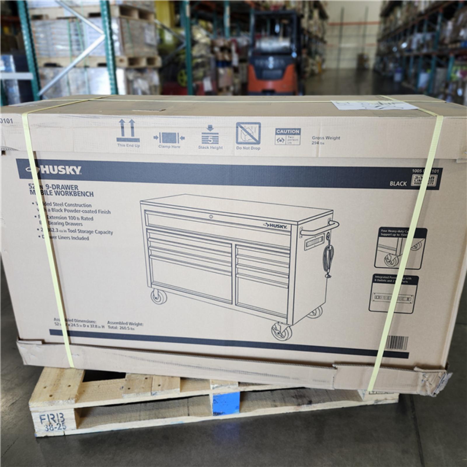 DALLAS LOCATION - Husky 52 in. W x 25 in. D Standard Duty 9-Drawer Mobile Workbench Tool Chest with Solid Wood Top in Gloss Black