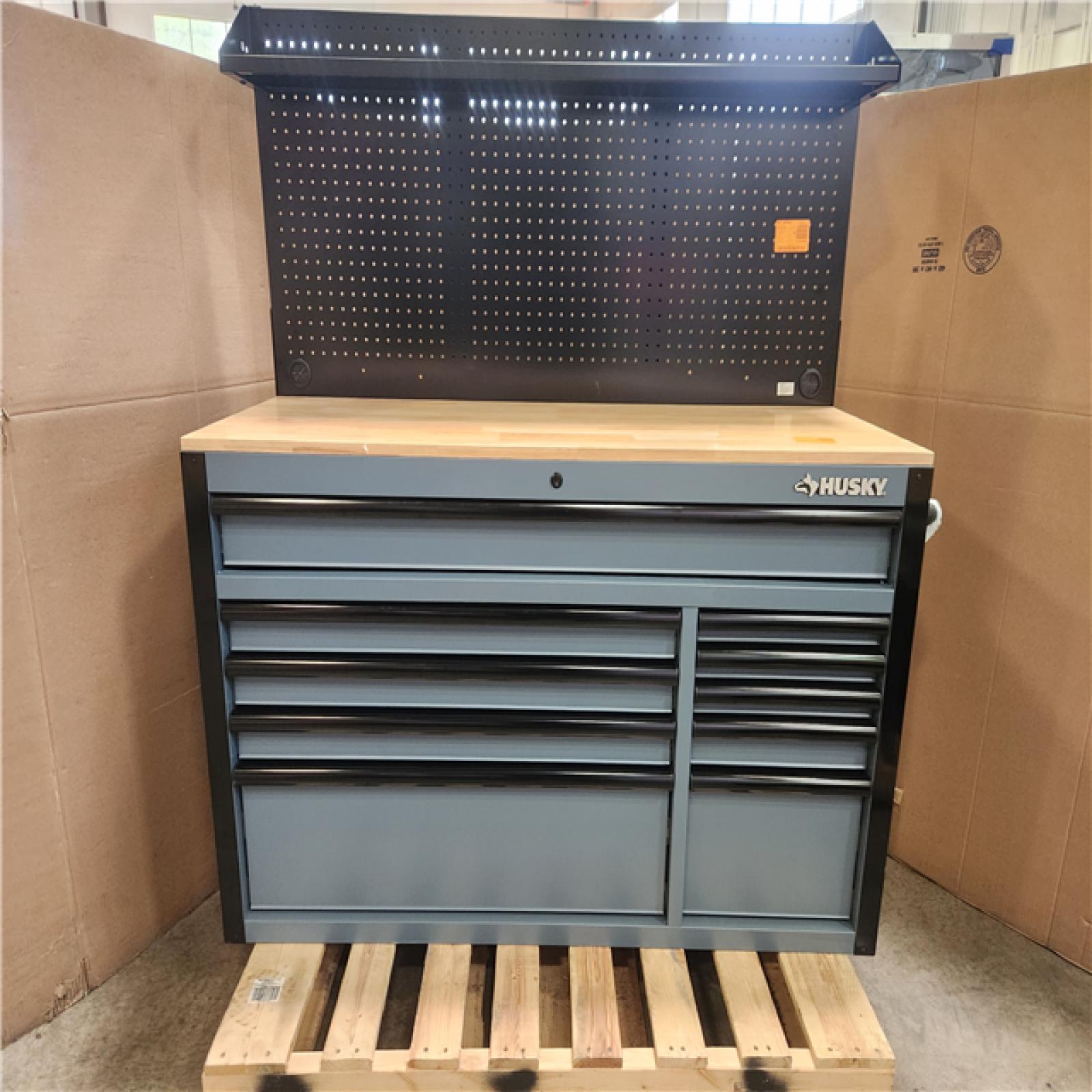 Phoenix LIKE NEW Husky Standard-Duty 52 in. W 10-Drawer Matte Cadet Gray Mobile Workbench Cabinet with Solid Wood Top With Modular Board)