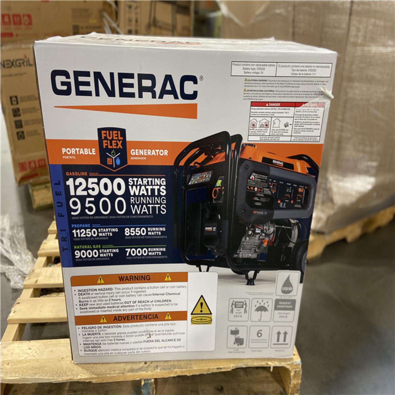 DALLAS LOCATION - Generac 12500/9500-Watt Tri-Fuel Portable Generator, Easy-To-Use Electric Start, Wheel and Handle Kit Included