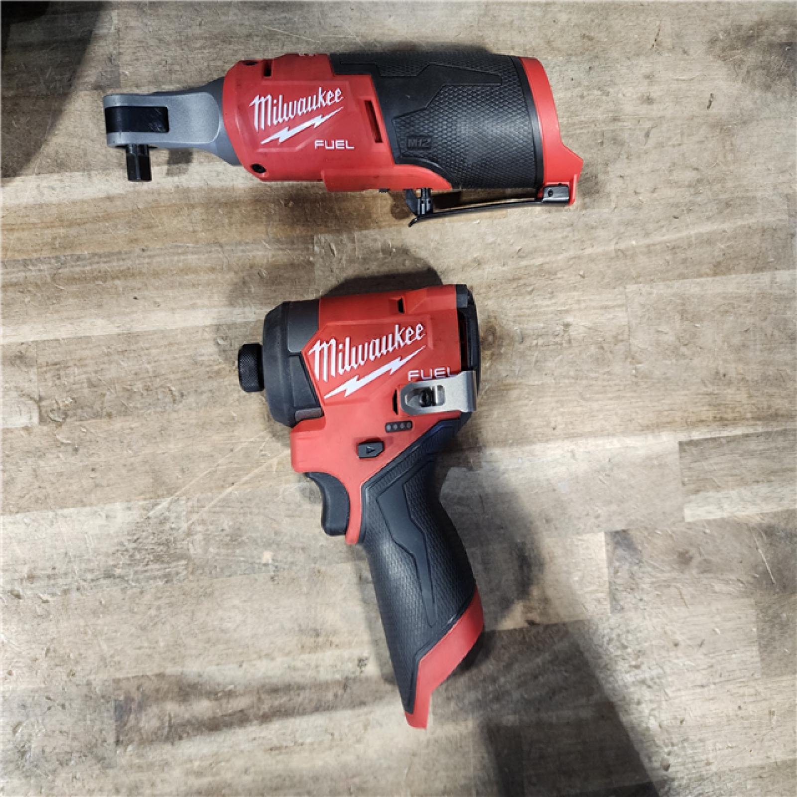 HOUSTON LOCATION - AS-IS Milwaukee FUEL 12V Lithium-Ion Cordless 3/8 in. Ratchet and 1/4 in. Impact Driver Kit