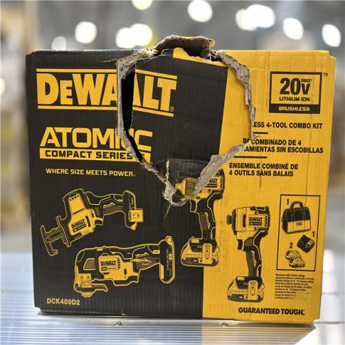 NEW! - DEWALT ATOMIC 20V MAX Cordless Brushless 4 Tool Combo Kit, (2) 2.0Ah Batteries, Charger, and Bag