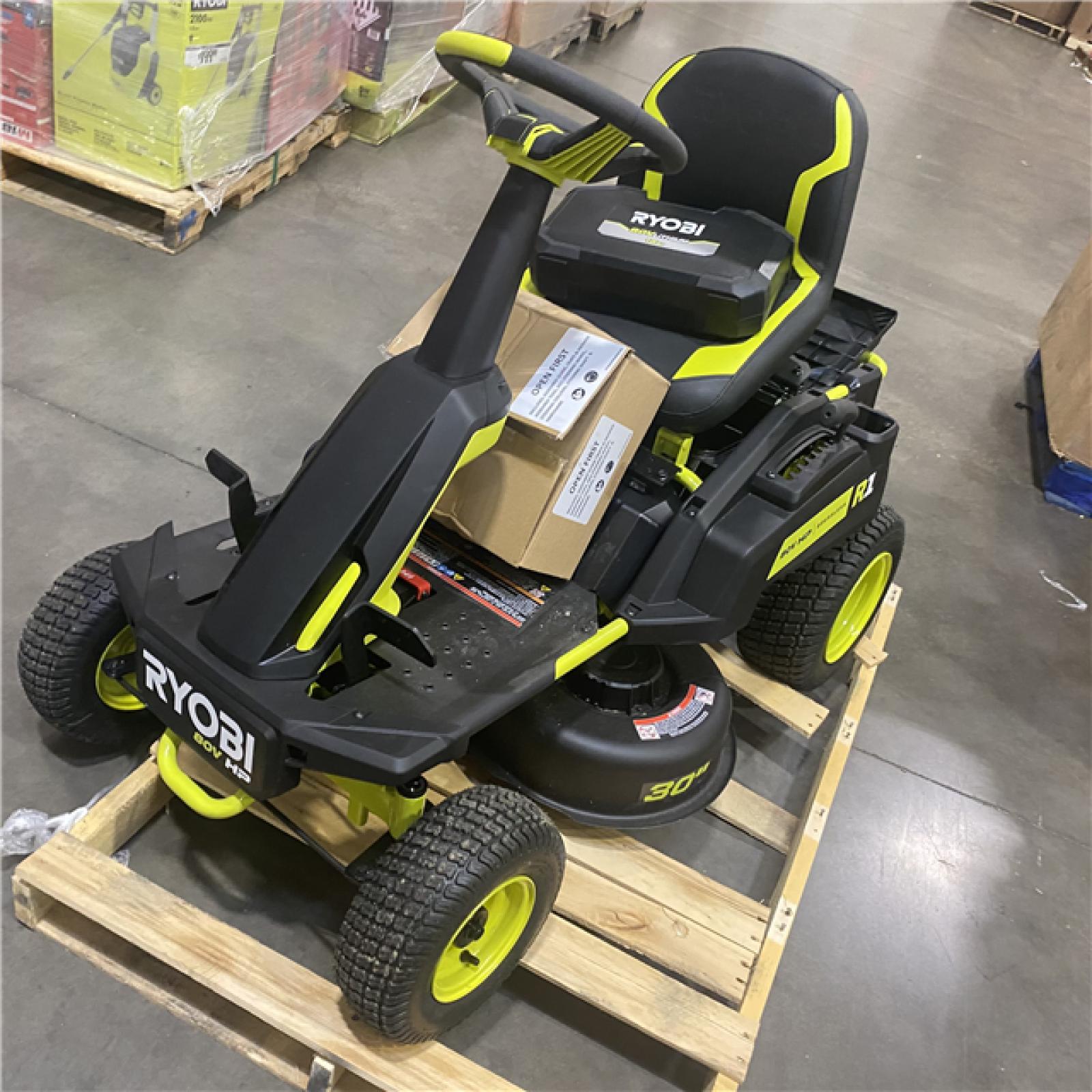Dallas Location - As-Is Shop RYOBI R1 80V HP Brushless Lithium Battery Cordless Electric 30 in. Riding Lawn Mower with 14 Ah Battery and Charger