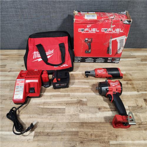 HOUSTON LOCATION - AS-IS Milwaukee FUEL 18V Cordless Mid Torque 1/2 in. Impact Wrench w/ M12 FUEL 3/8 in. Ratchet & Battery/Charger Combo Kit