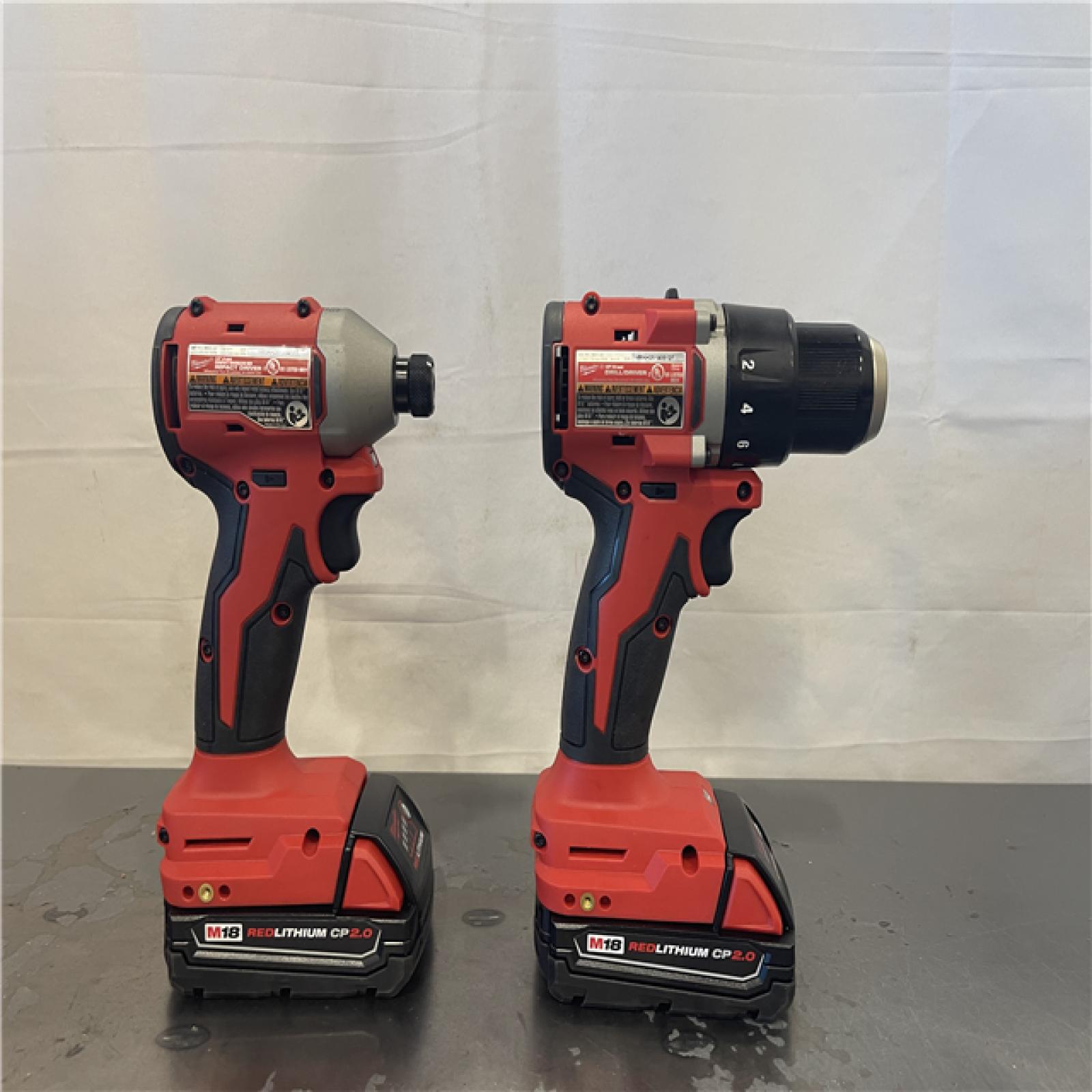 AS-IS- Milwaukee M18 18V Lithium-Ion Brushless Cordless Compact Drill/Impact Combo Kit (2-Tool) W/(2) 2.0 Ah Batteries  Charger & Bag