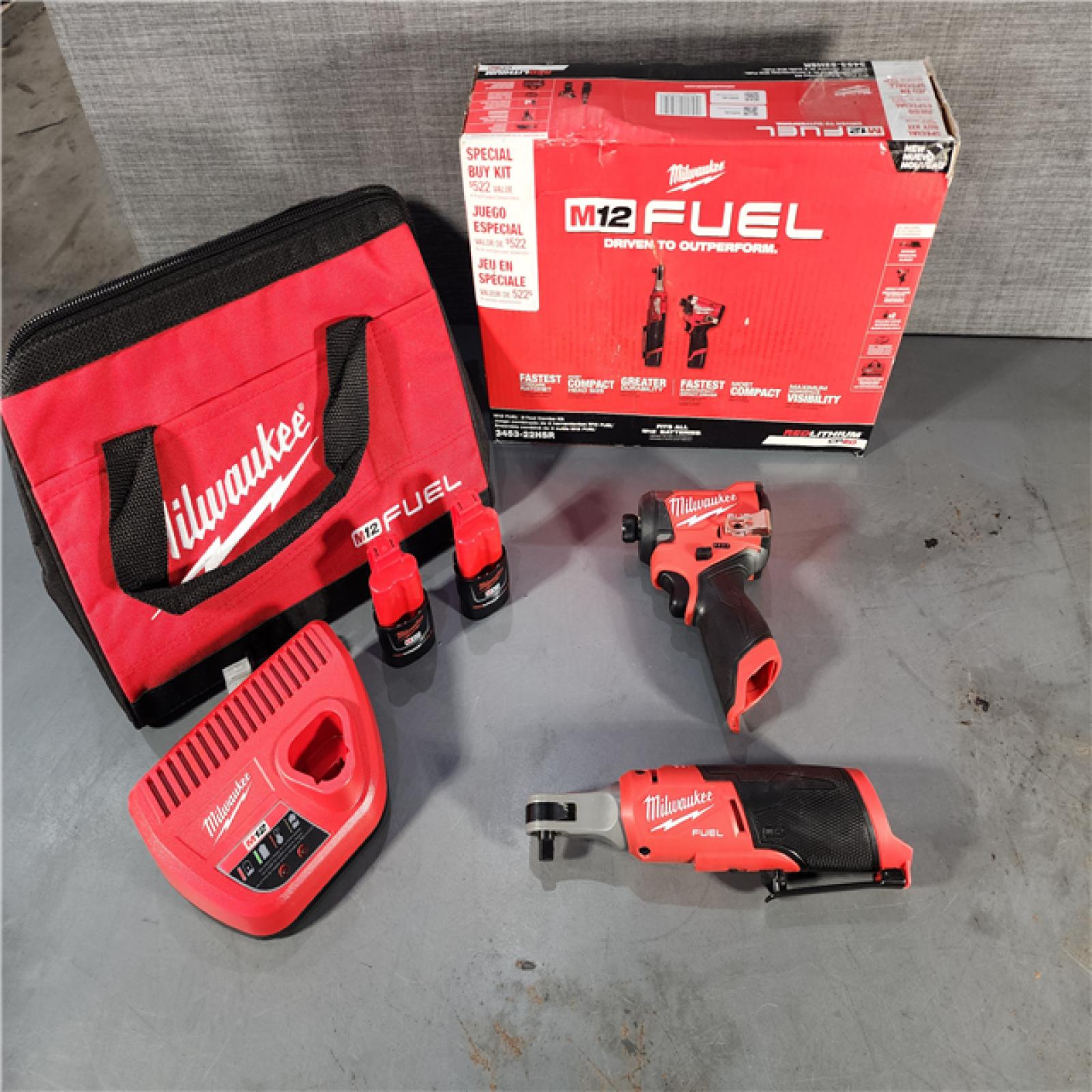 HOUSTON LOCATION - AS-IS (APPEARS LIKE NEW) Milwaukee 3453-22HSR M12 FUEL 12V Lithium-Ion Cordless 3/8 in. Ratchet and 1/4 in. Impact Driver Kit