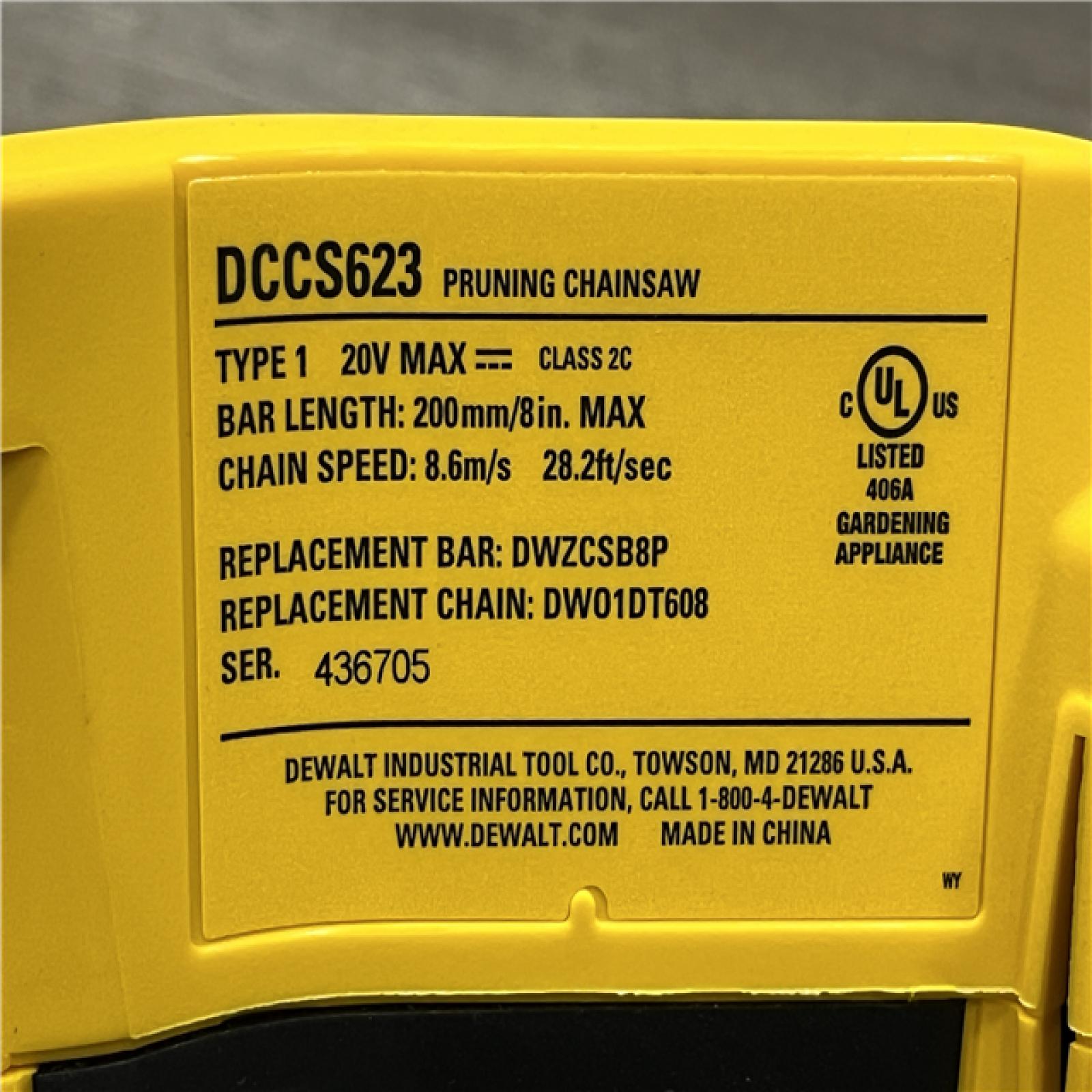 AS-IS DEWALT 20V MAX 8 in. Brushless Cordless Battery Powered Pruning Chainsaw (Tool Only)
